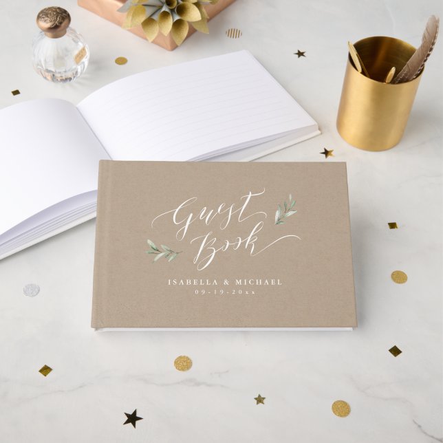 Livre D'or Kraft Simple calligraphie rustique mariage de verd (Recto ouvert)