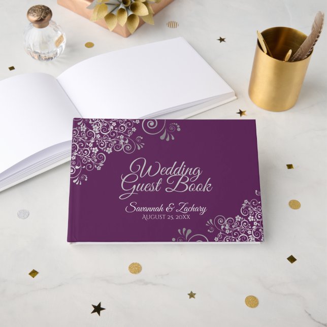 Livre D'or Lacy Silver Filigree Elegant Plum Purple Wedding (Recto ouvert)