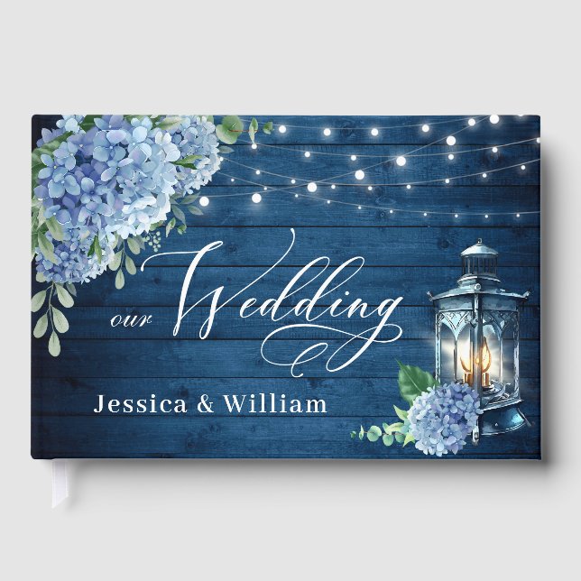 Livre D'or Lanterne florale d'hydrangea bleue mariage bois ma (Recto)