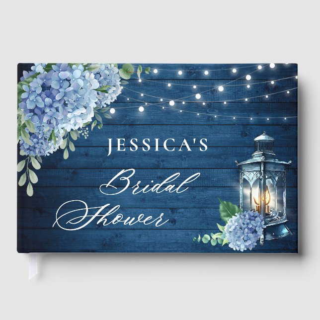 Livre D'or Lanterne Hydrangea Bleue Mariage Bois Navy Fête de (Recto)