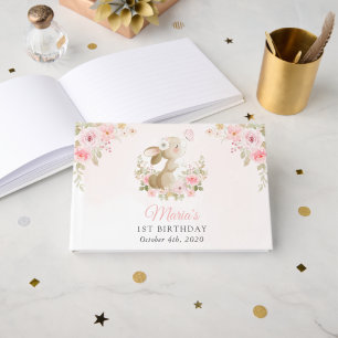 Livre D'or Lapin, Papillon, Fleurs Roses, Premier Anniversair