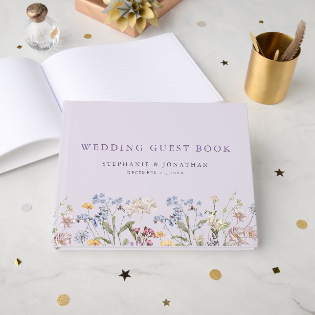Livre D'or Lavender Spring Wildflower Meadow Garden Wedding  (Recto ouvert)
