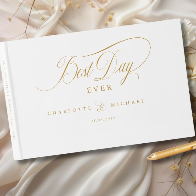 Livre D'or LE MEILLEUR JOUR JAMAIS ! Élégant, Mariage (BEST DAY EVER! Elegant, White, Wedding Guest Book with your name and date. Scripted Font.)