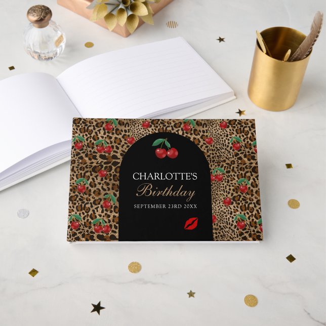 Livre D'or Leopard Cheetah Animal Print Red Cherry Pattern (Recto ouvert)