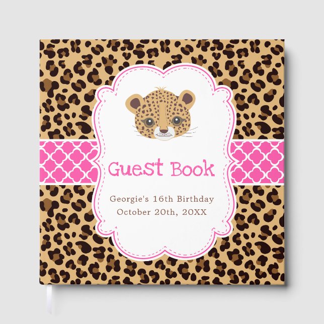 Livre D'or Leopard Print Pink Quatrefoil Birthday Party (Recto)