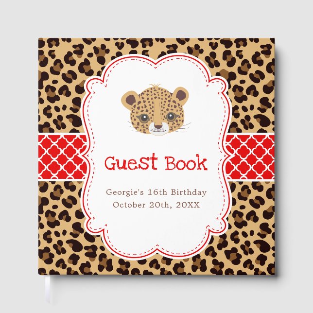Livre D'or Leopard Print Red Quatrefoil Birthday Party (Recto)