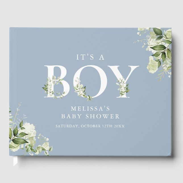Livre D'or Lettre A Boy Greenery Baby shower bleu Dusty (Recto)
