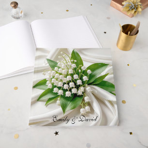 Livre D'or Lily de la Vallée Bouquet Mariage sur satin blanc