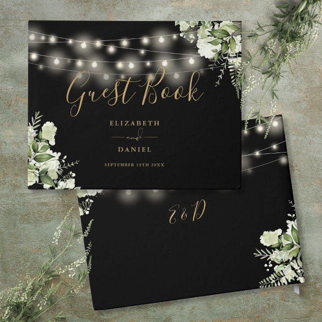 Livre D'or Lumières Guirlande De Fleurs De Verdure Noires Et  (Black And Gold Greenery String Lights Wedding Guest Book)