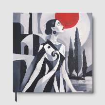 Lune écarlate : Femme stylisée dans un paysage mon