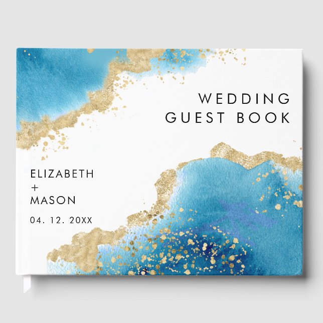 Livre D'or Luxe Gold et Blue Abstrait Ocean Beach Wedding (Recto)