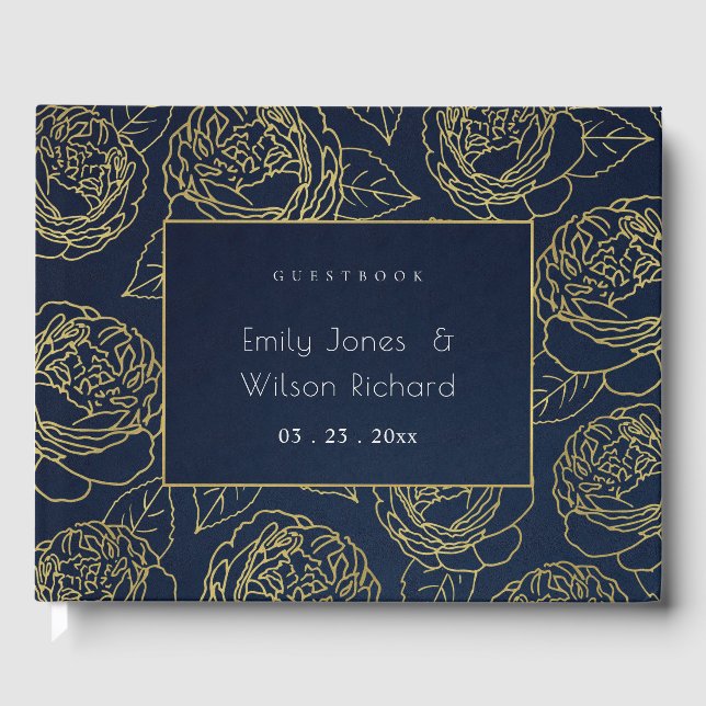 LIVRE D'OR LUXE NAVY GOLD KRAFT ELEGANT ROSE FLORAL WEDDING (Recto)