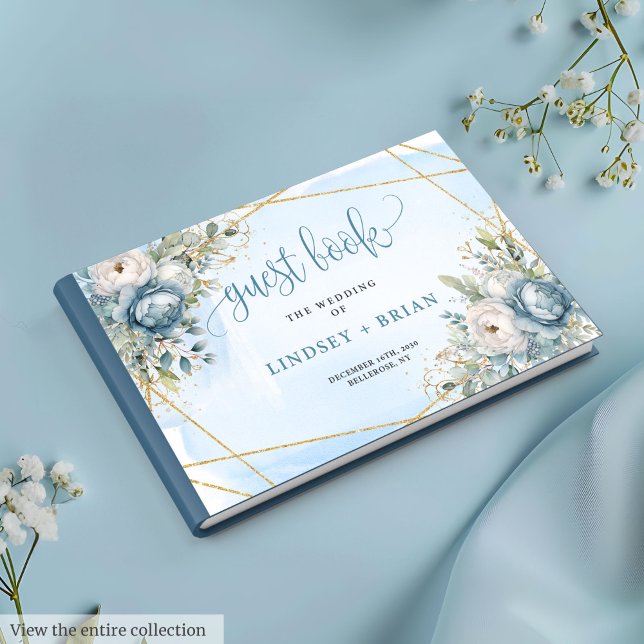 Livre D'or Luxueux Pastel Blue White Gold Flowers Mariage (Luxurious Pastel Blue White Gold Flowers Guest Book)