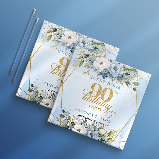 Livre D'or Luxury 90th Birthday Dusty Blue Floral Gold Frame  (Luxury 90th Birthday Dusty Blue Floral Gold Frame Guest Book

)