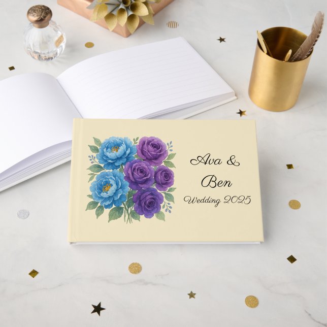 Livre D'or Lyons Blue Peony et Fig Purple Rose Mariage (Recto ouvert)