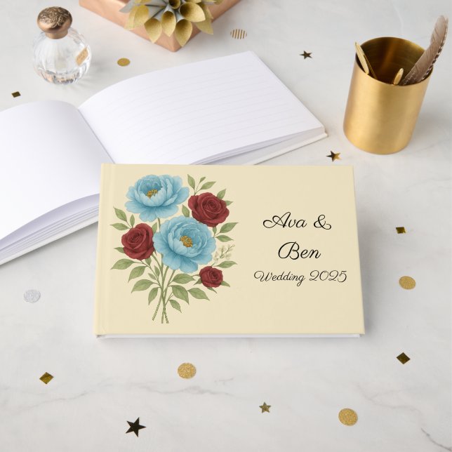 Livre D'or Lyons Blue Peony et Fig Purple Rose Mariage (Recto ouvert)