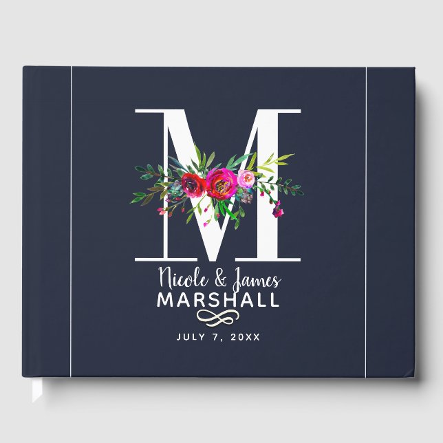 Livre D'or M Lettre Initiale Monogramme Floral Nom Mariage (Recto)