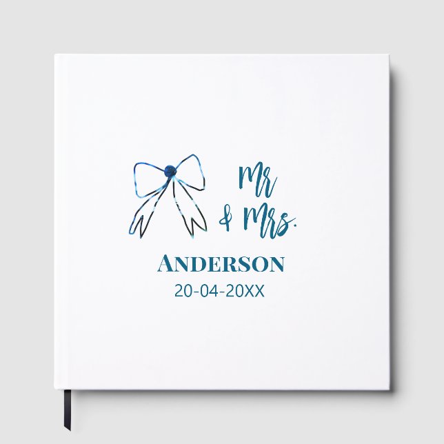 Livre D'or M. & Mme ajouter nom date mariage faveur arc bleu  (Recto)