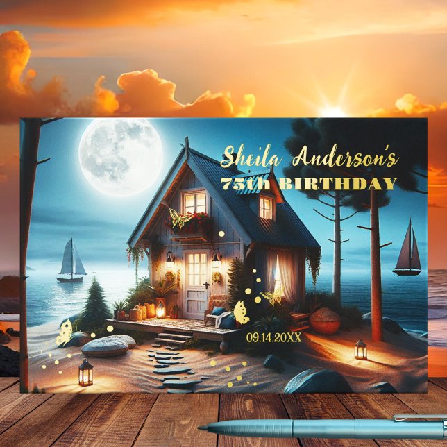 Livre D'or Magic Beach House Dream Anniversaire Real Foil (Guest book featuring a dreamy beach house scene with butterflies at full moon with real foil texts)