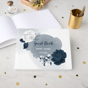 Livre D'or magnifique bleu marine et fleurs blanches botaniqu