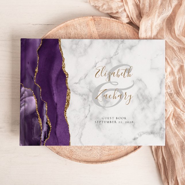 Livre D'or Marbre de script doré à l'agate violette moderne (Créateur téléchargé)