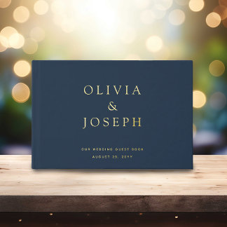 Livre D'or Mariage à feuille d'or personnalisé bleu marine