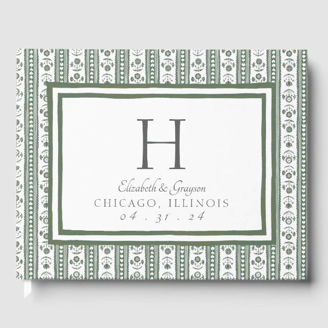 Livre D'or Mariage à impression botanique verte et blanche (Recto)