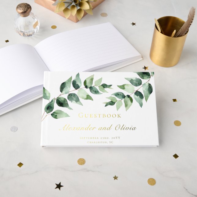 Livre D'or Mariage à l'aquarelle Eucalyptus | Blanc (Recto ouvert)