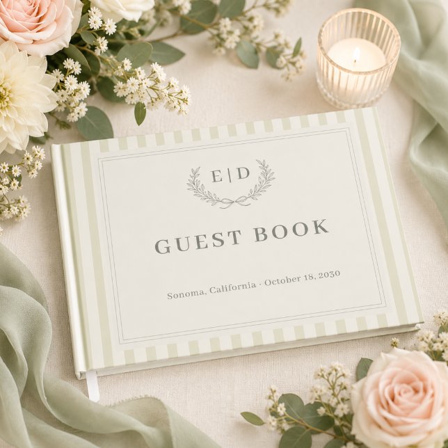 Livre D'or Mariage à monogramme rayé vert sauge (Créateur téléchargé)