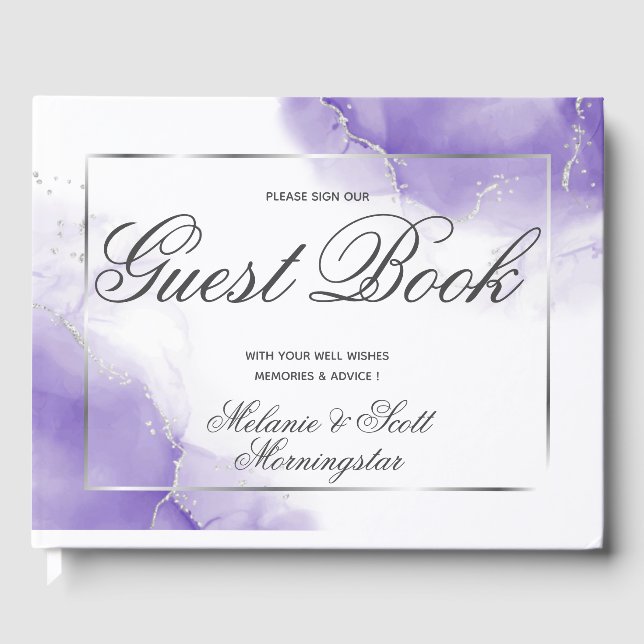 Livre D'or Mariage | Amethyst Purple Script Argent (Recto)