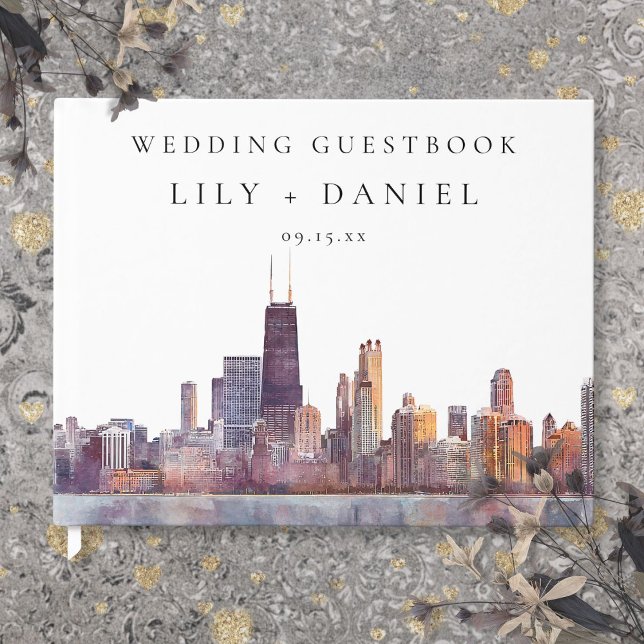 Livre D'or Mariage aquarelle sur la skyline de Chicago (Chicago Skyline Watercolor Wedding Guest Book)