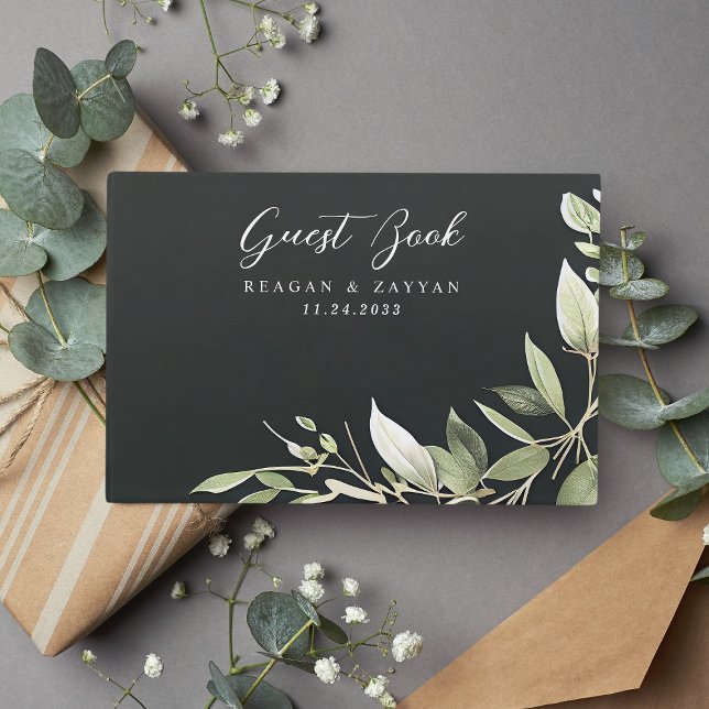 Livre D'or Mariage aux Feuilles de Verdure Moderne Vert Foncé (Créateur téléchargé)