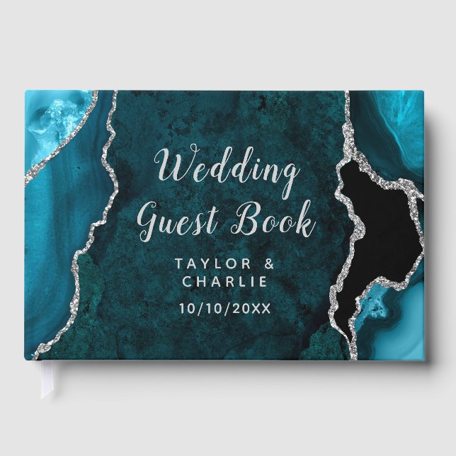 Livre D'or Mariage avec un marbre d'agate argent et sarcelle (Recto)