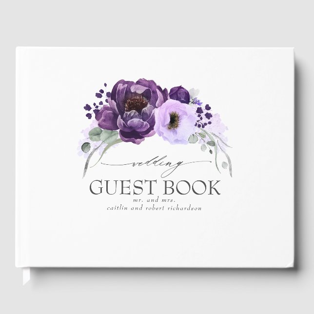 Livre D'or Mariage blanc élégant à fleurs violettes (Recto)