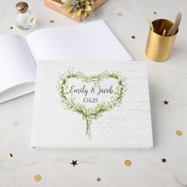Livre D'or Mariage Blanc Lily Heart sur Bois (Recto ouvert)
