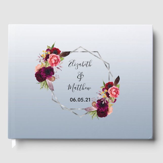 Livre D'or Mariage bleu poussiéreux argent géométrique floral (Recto)