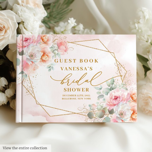 Livre D'or Mariage bohème de luxe rose poudré et or floral (Luxury Boho Blush Gold Floral Bridal Shower Guest Book)