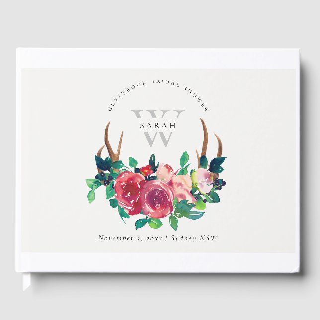 Livre D'or Mariage Bohème Rustique Fleurs Rouges Bois de Cerf (Recto)