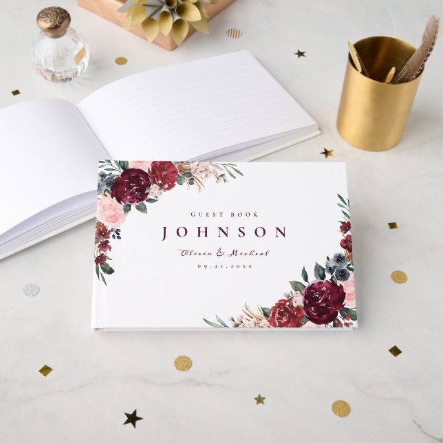 Livre D'or Mariage boho rustique bordeaux aquarelle (Recto ouvert)