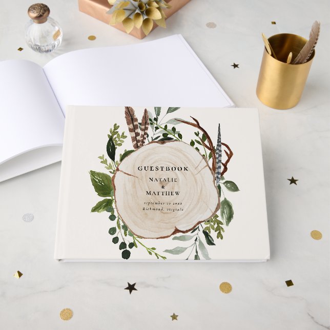 Livre D'or Mariage Botanique de Feuillage de Bois Rustique (Recto ouvert)
