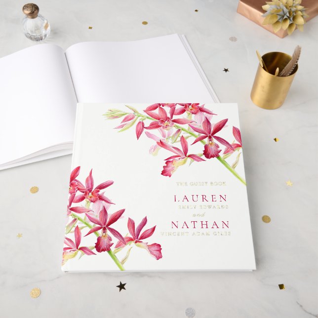 Livre D'or Mariage botanique des fleurs d'orchidées rouges (Recto ouvert)
