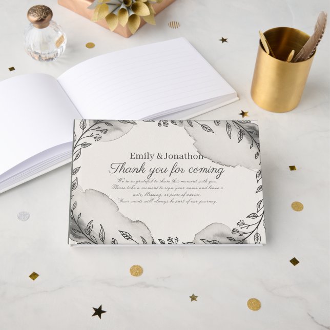 Livre D'or Mariage Botanique Moderne Noir et Blanc (Recto ouvert)