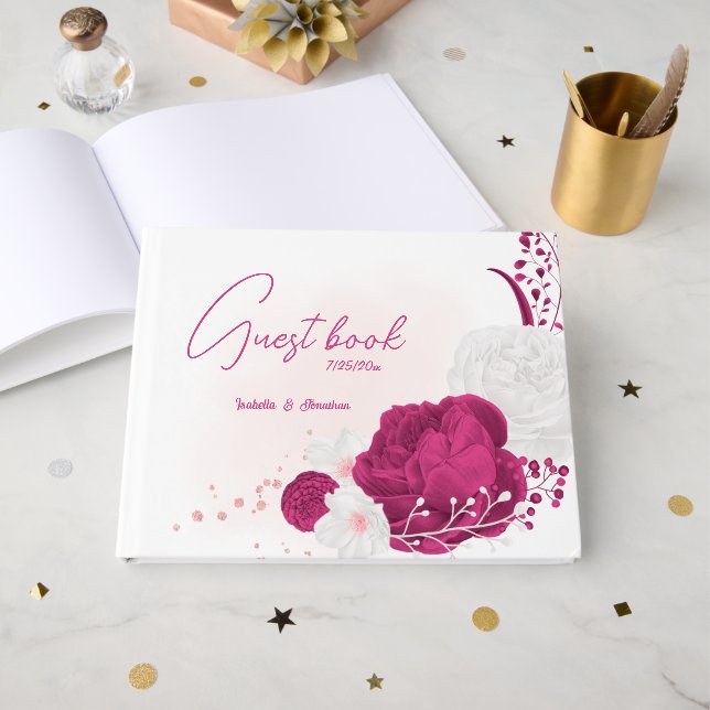 Livre D'or mariage botanique romantique fuchsia fleurs blanch (Recto ouvert)