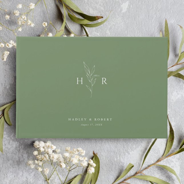Livre D'or Mariage botanique vert simple minimal Monogramme (Créateur téléchargé)