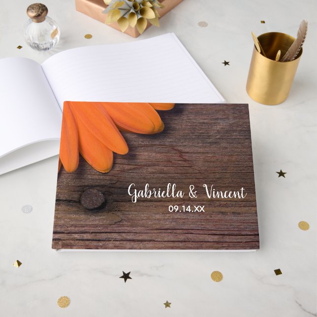 Livre D'or Mariage campagnard rustique en bois d'orange (Recto ouvert)