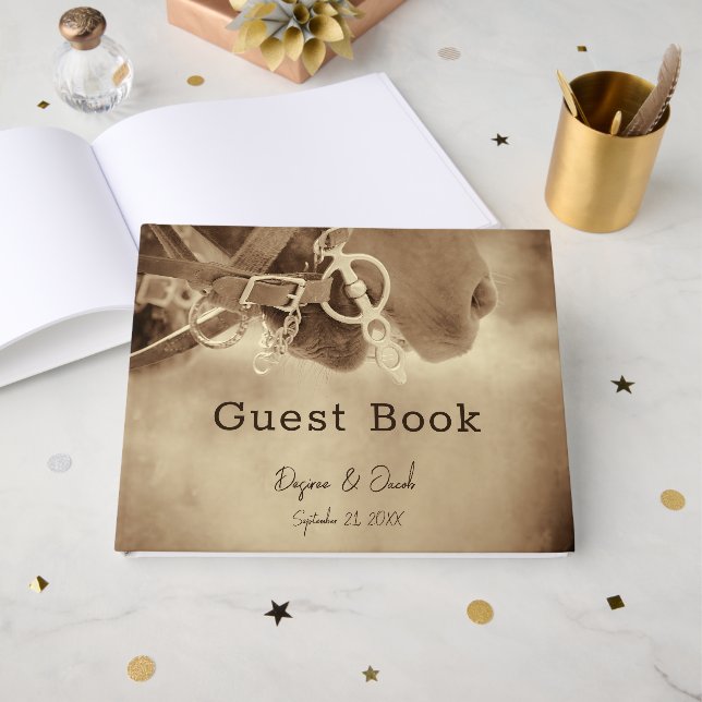 Livre D'or Mariage Cheval Brun Occidental Rustique (Recto ouvert)
