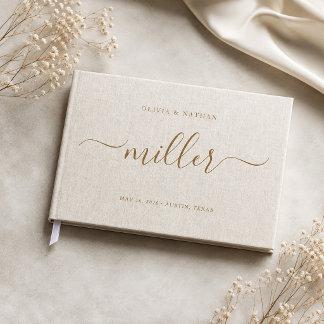 Livre D'or Mariage Chic Minimaliste Écriture Dorée sur Lin Be