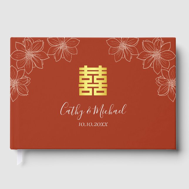 Livre D'or Mariage chinois floral rouge bohème moderne (Recto)