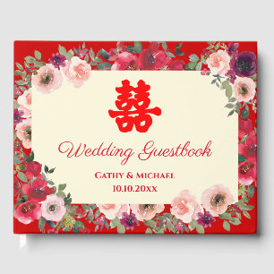 Livre D'or Mariage chinois rouge jardin fleuri double bonheur