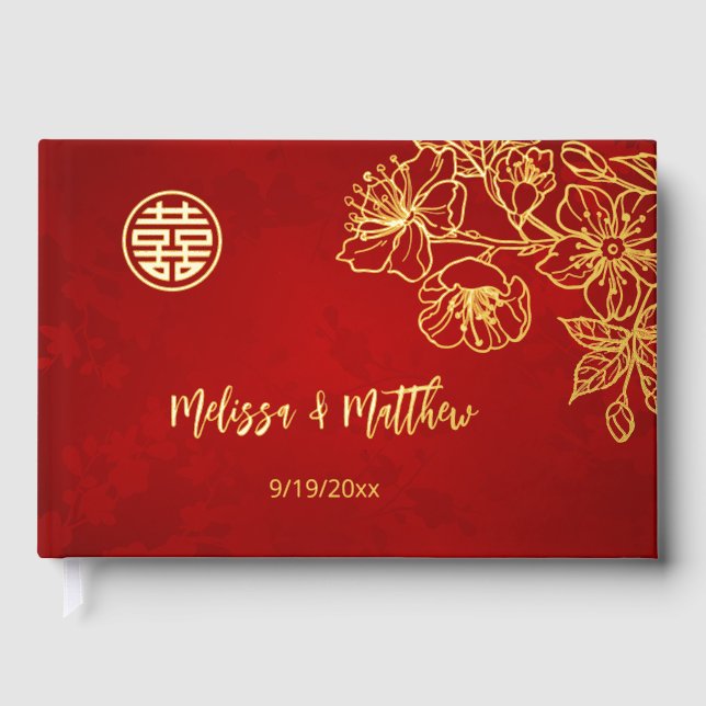 Livre D'or Mariage chinois rouge or floral (Recto)